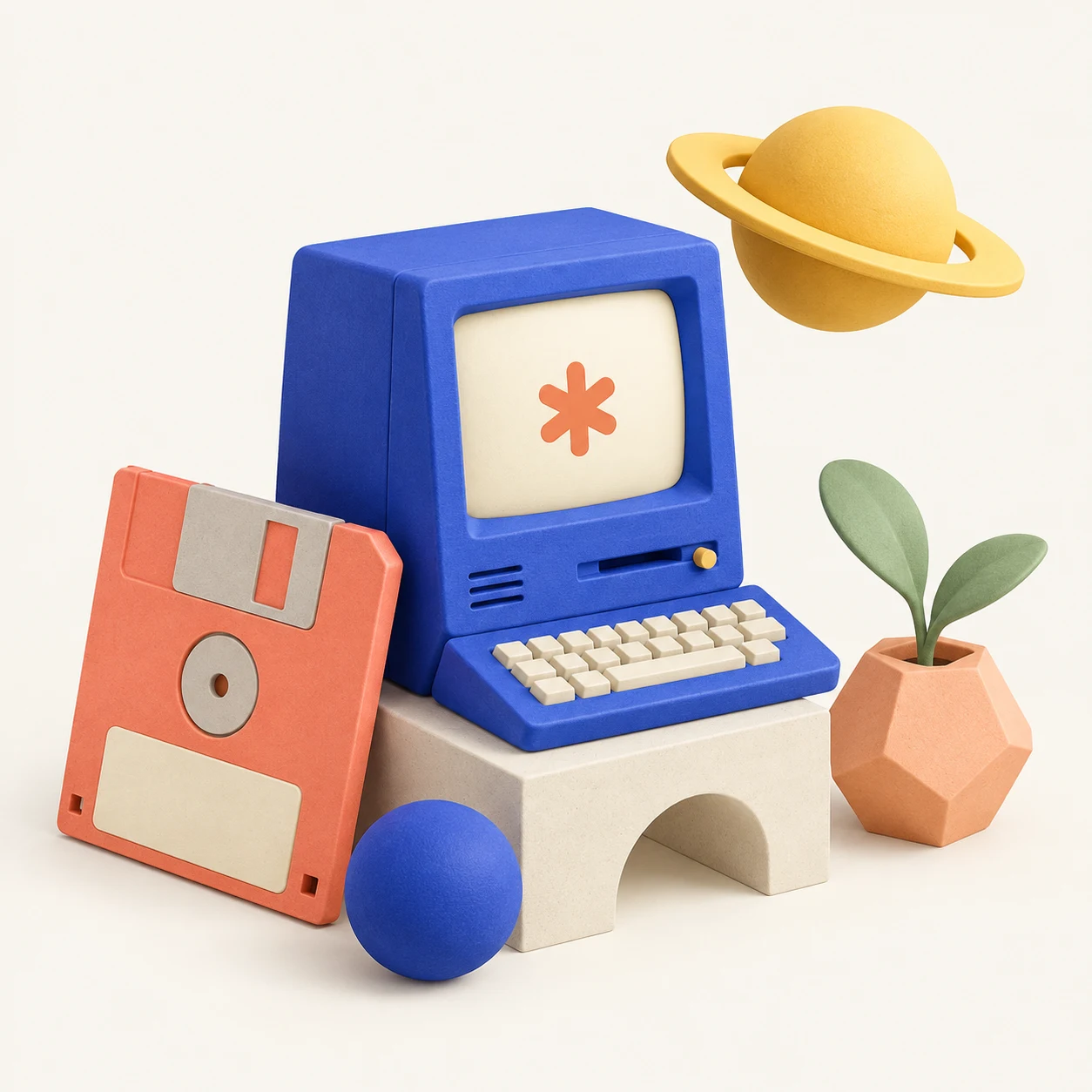 A tactile blue computer, coral floppy disk, yellow planet, and little green plant